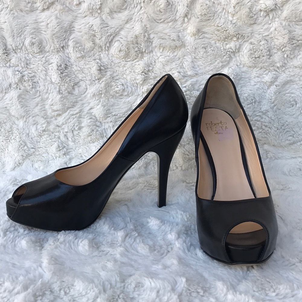 Roberto Festa  Black Leather Peeptoes Pumps Sz37.5
